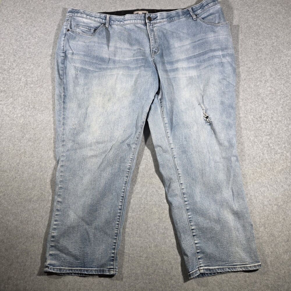 Woman Within Light Wash Distressed Crop Jeans Capri 28W Elastic Waist Stretch